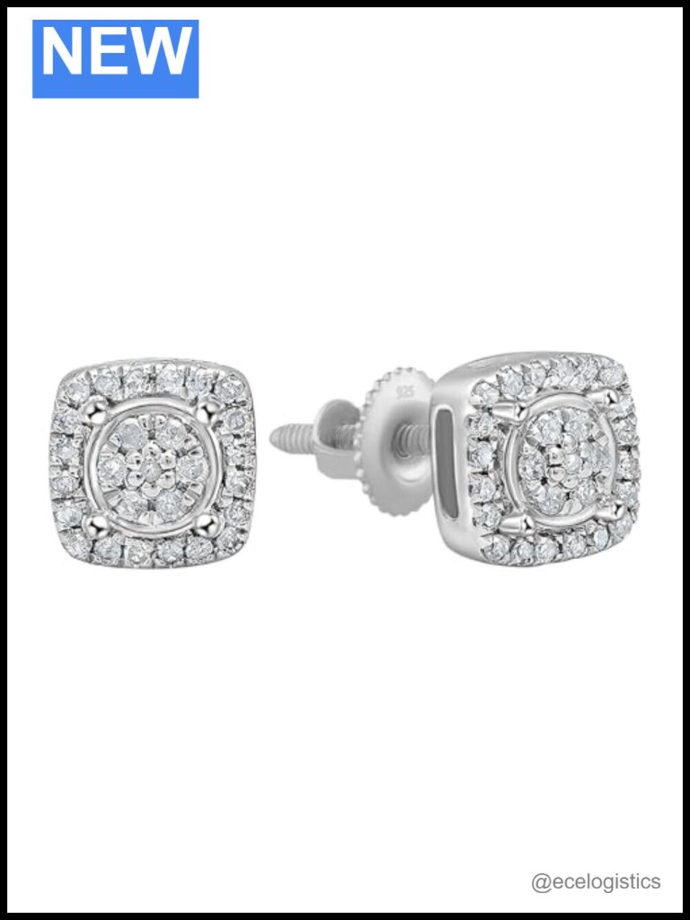 Natural Diamond Cushion Cluster Stud Earrings Sterling Silver Screw Back